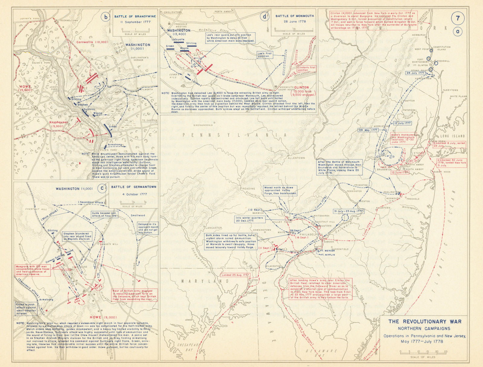 Revolutionary War 1777-78 Pennsylvania New Jersey Brandywine Germantown 1959 map